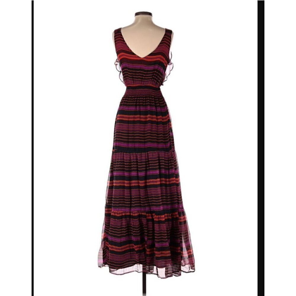 Aryn K V-Neck Sleeveless Striped Maxi Dress Size XS Silk Ruffles Burgundy - Picture 3 of 10